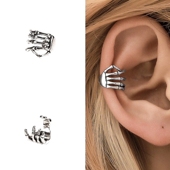2/$20! Set of 2 Silver Skeleton Hand Ear Clips - Picture 3 of 11